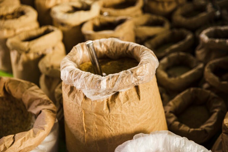 close up brown paper grain bag