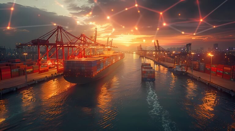 logistics means transport together with technological futuristic holograms