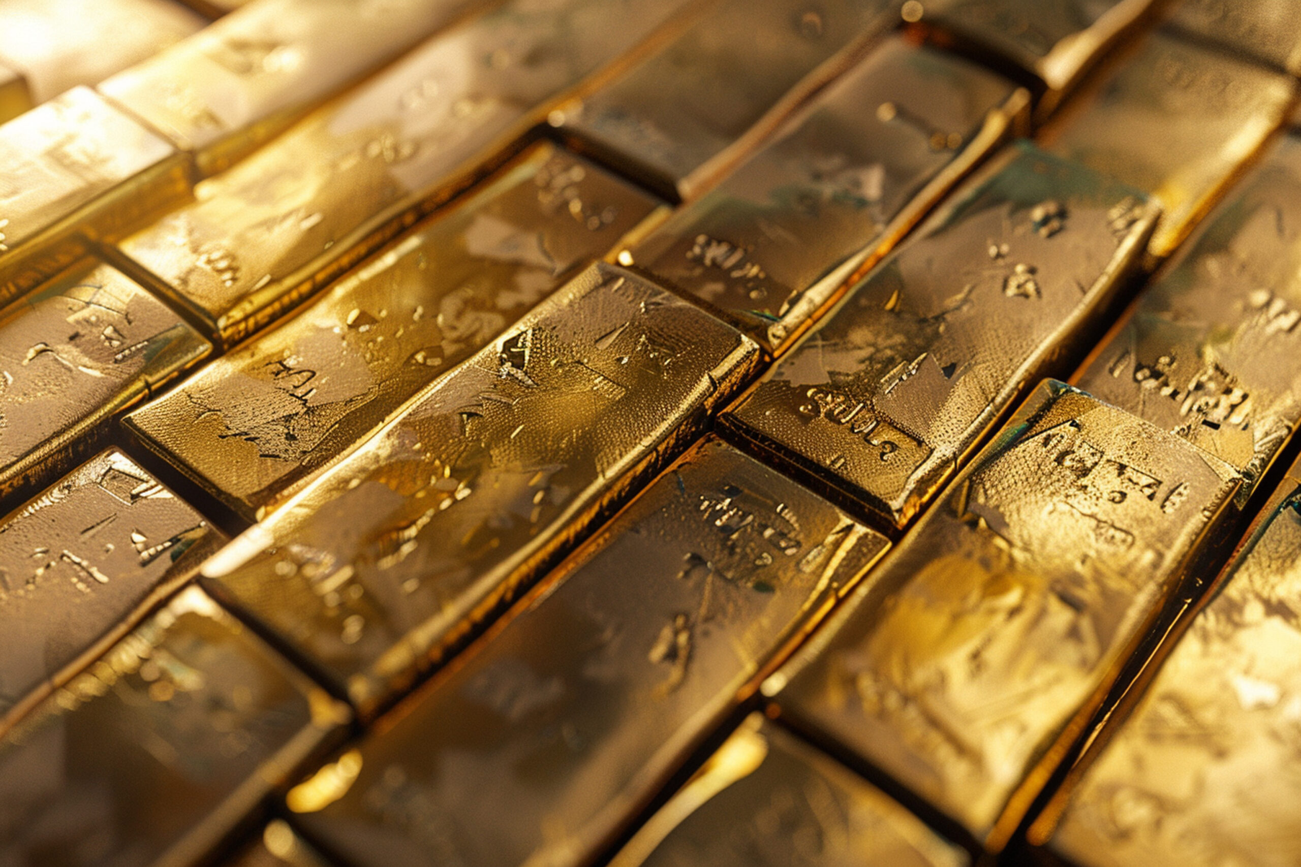 gold bars are stacked top each other